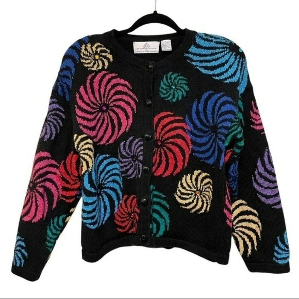 Vtg Design Options Cardigan Sweater Large Phillip Jane Gordon Pinkwheel Swirls